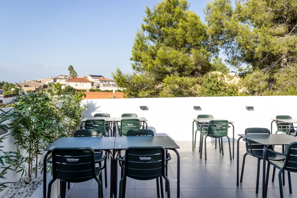 La terraza, bajo el pino